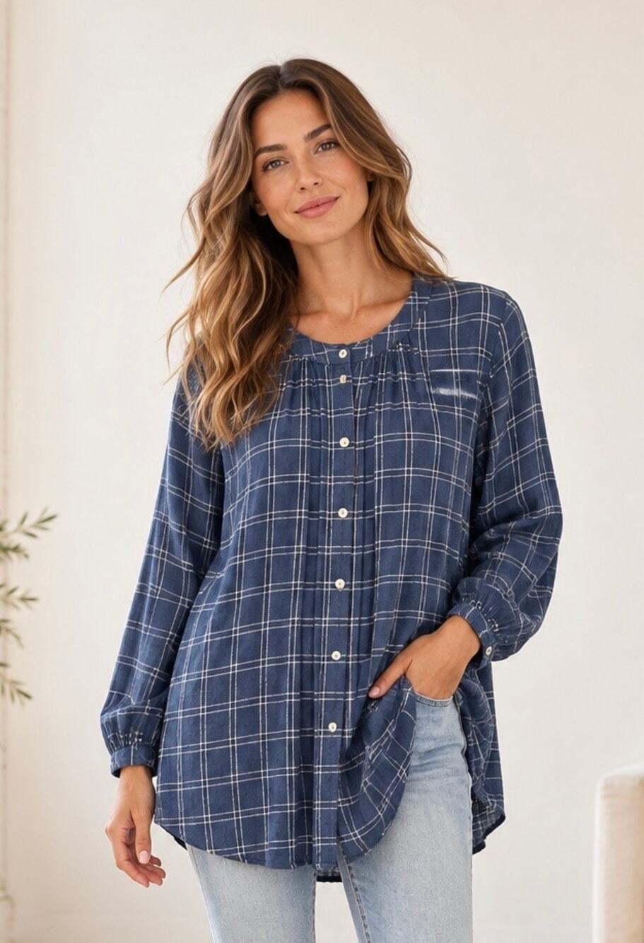 Rails Blue & White Windowpane Plaid Button Front Tunic Size L